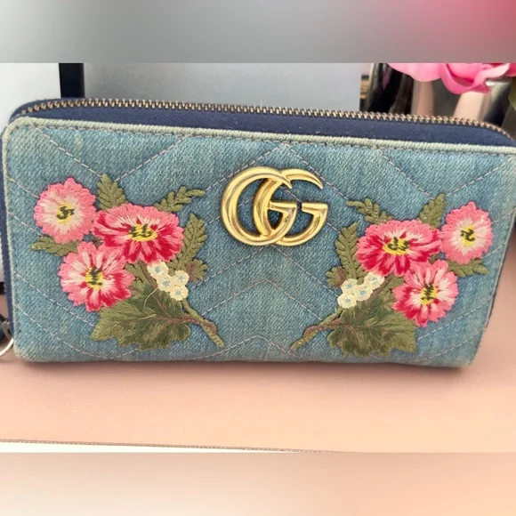 Gucci Marmont Denim Floral Zippy Wallet - Picture 2 of 14